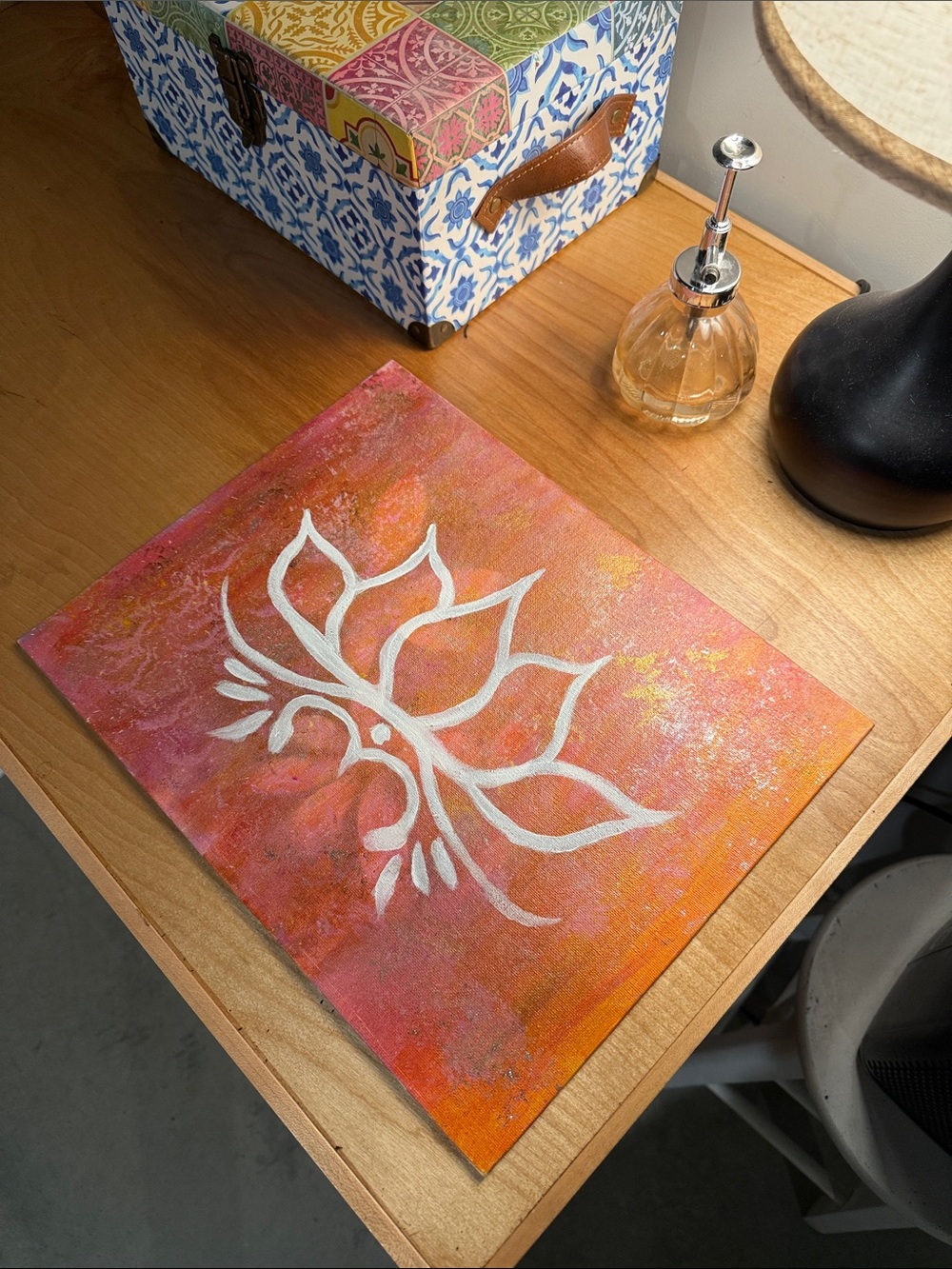 Hand-Painted Pink Orange Lotus Wall Art for Yoga Studio